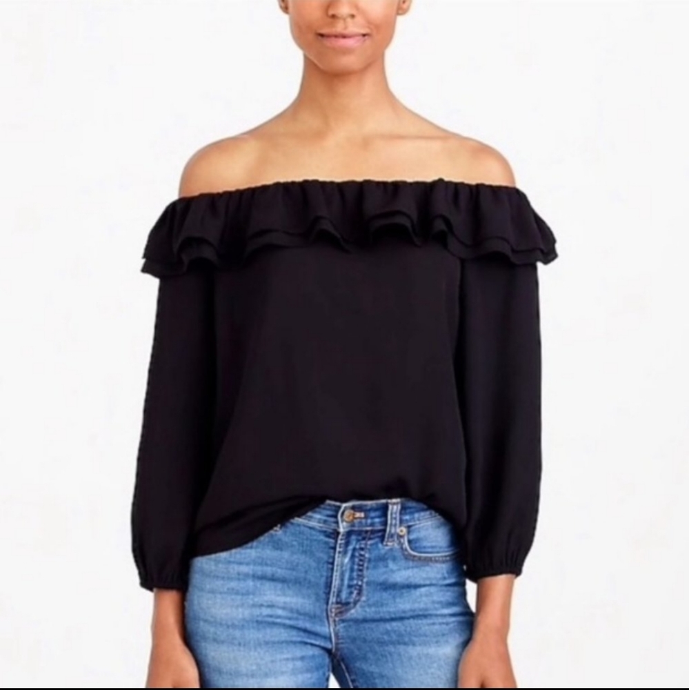 FIRM J. Crew Mercantile Black Flounce off the shoulder Ruffle Blouse size XL - Picture 2 of 9